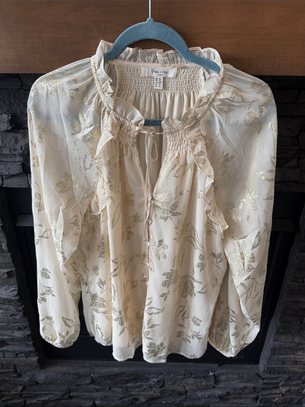 Boho Ruffle Tie-Neck Blouse - Cream with Gold Floral